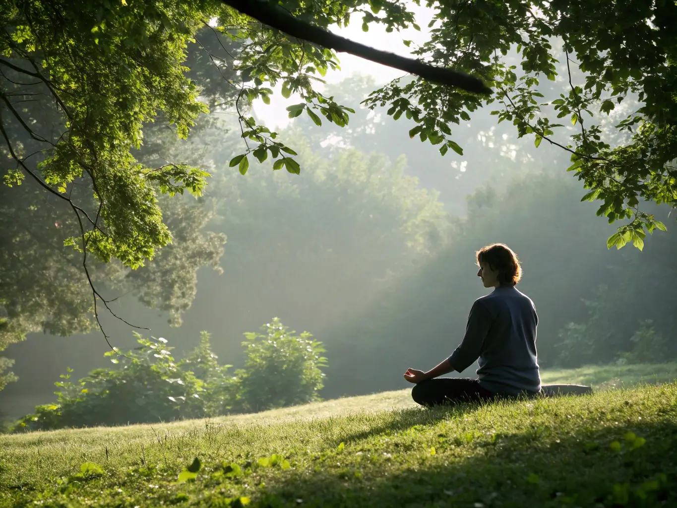 A person meditating in a peaceful environment, representing mindset training and personal growth.